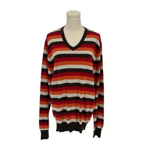 Old Navy Millennial Era (07-09) V Neck Sweater w/ Red, Orange, Brown Stripes (L)